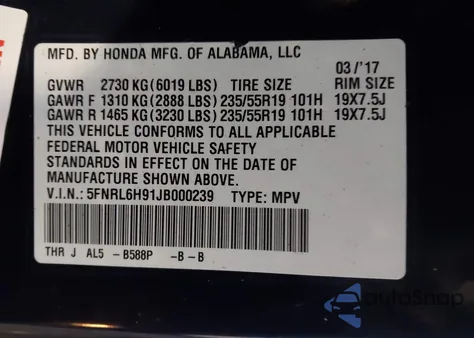 2018 Honda Odyssey Elite from USA, damaged, VIN 5FNRL6H91JB000239